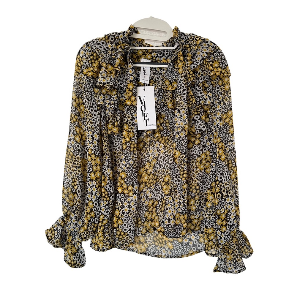 Nwt Violet Romance High Neck Yellow Floral Blouse with long sleeves‎ Size 4